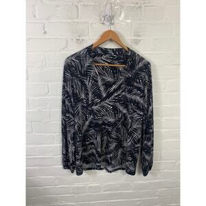 Michael Kors Women's Tropical Print V-Neck Tunic Blouse Black/White Size M
